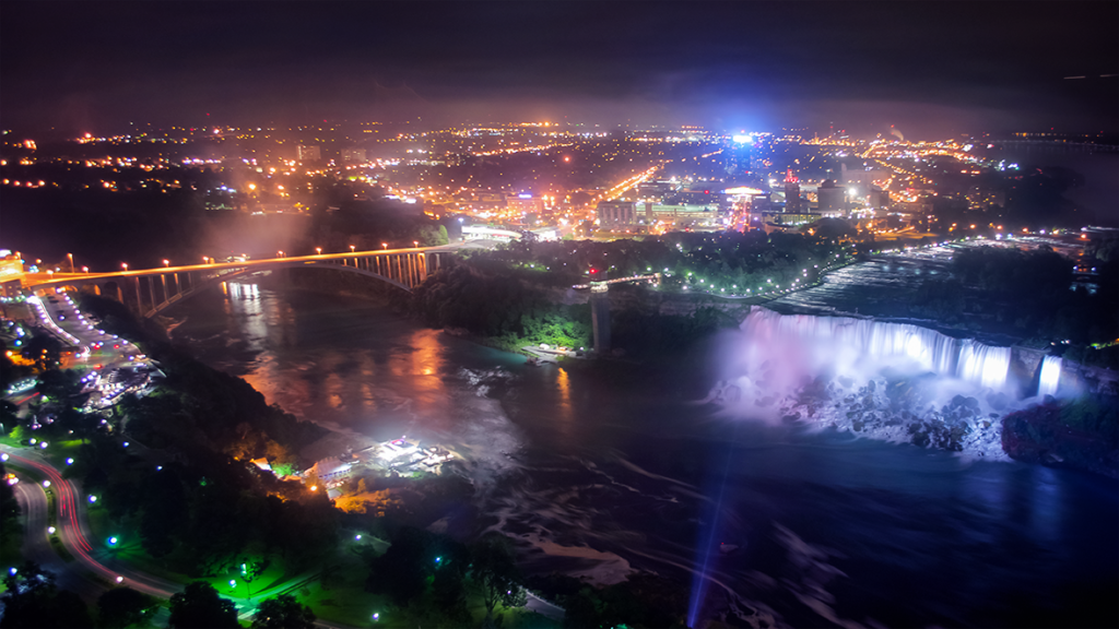 Niagara Falls (NY) at night taken from the Skylon tower in Niagara Falls, ON