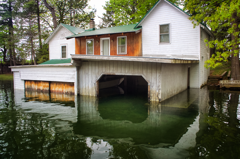 A submerged boathouse in Alexandria Bay, N.Y.