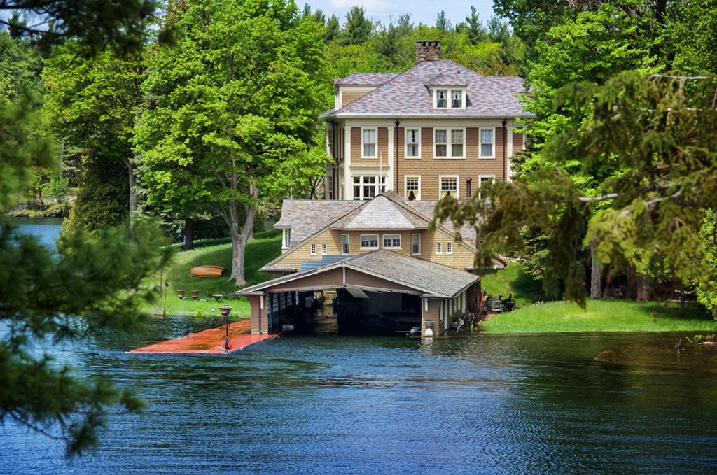 Submerged docks and boathouse on Comfort Island in Alexandria Bay, N.Y.