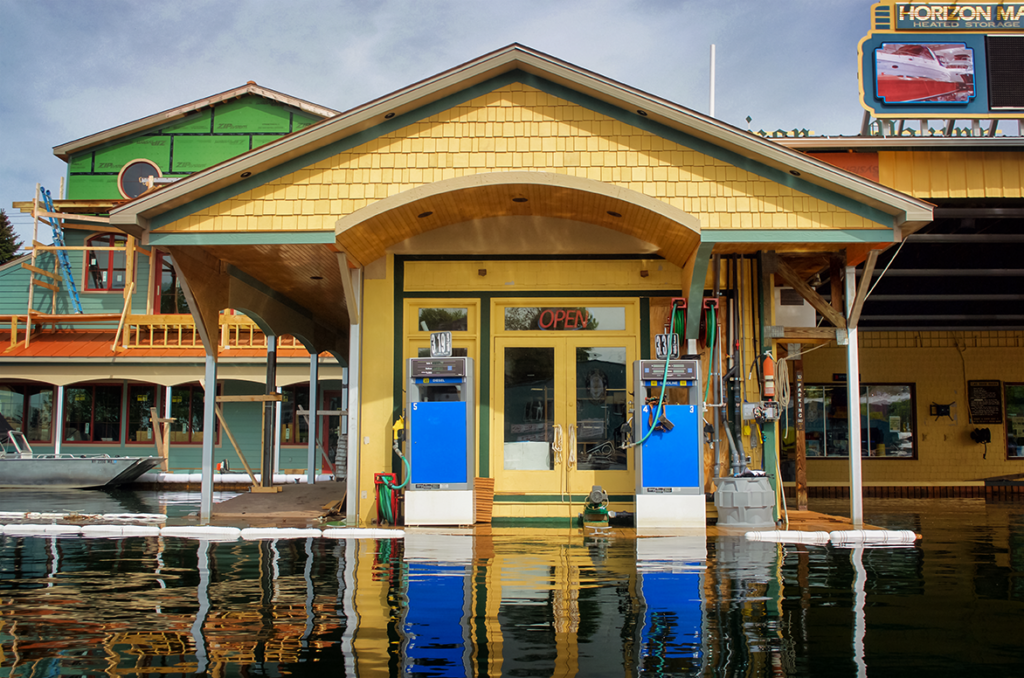 Gas docks at Horizon Marine are underwater in Alexandria Bay, N.Y.